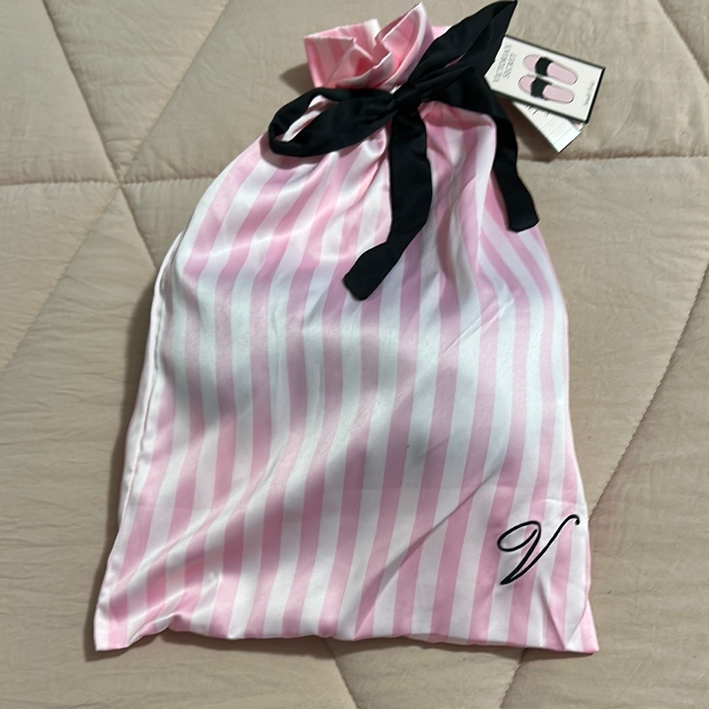 Pink and White Striped Satin Bag with Black Ribbon